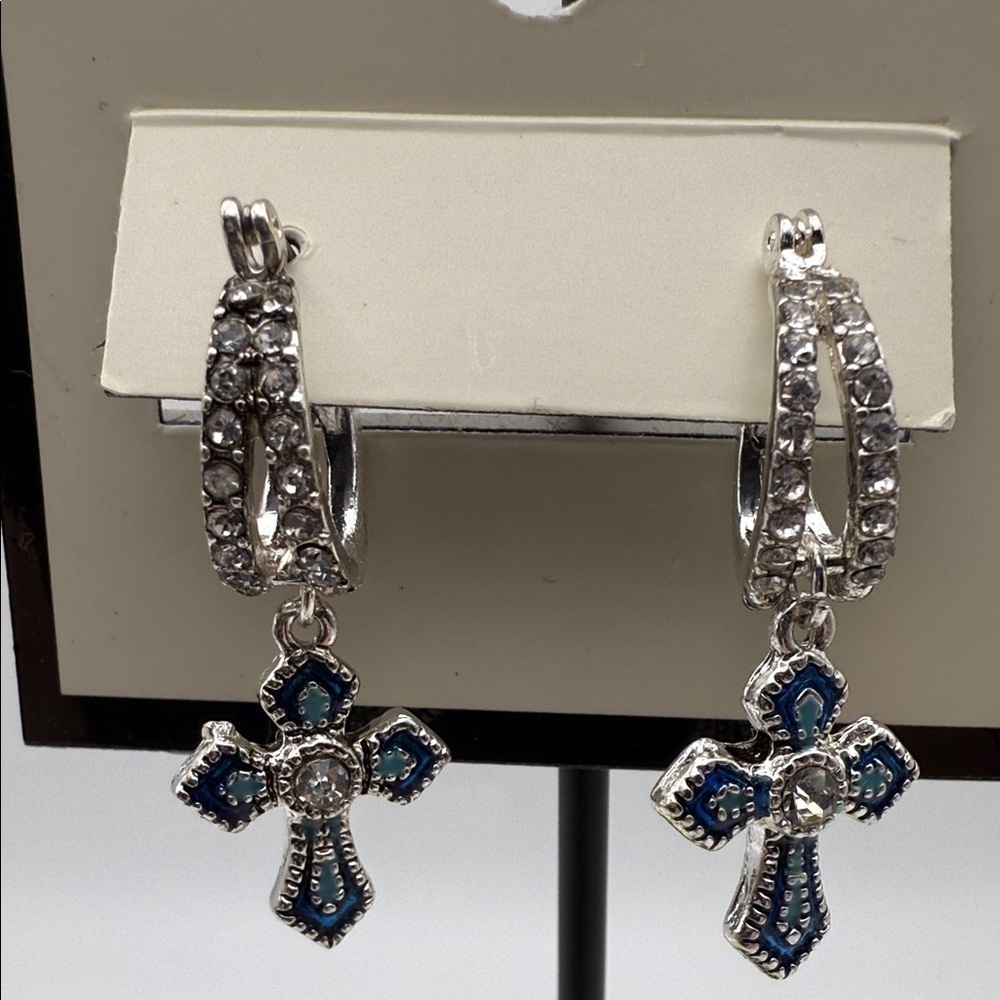 NWT Napier Silver and Blue Cross Dangle Earrings - Picture 2 of 6